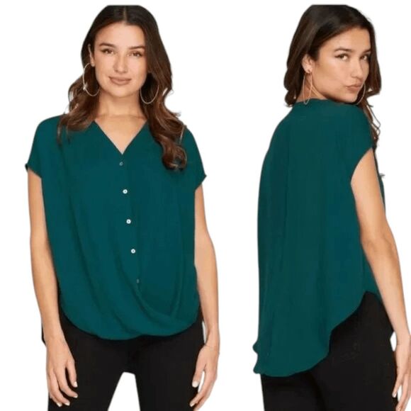 She + Sky Green High Low Draped Blouse Size Large Emerald Green Button-Up Top - Picture 1 of 9